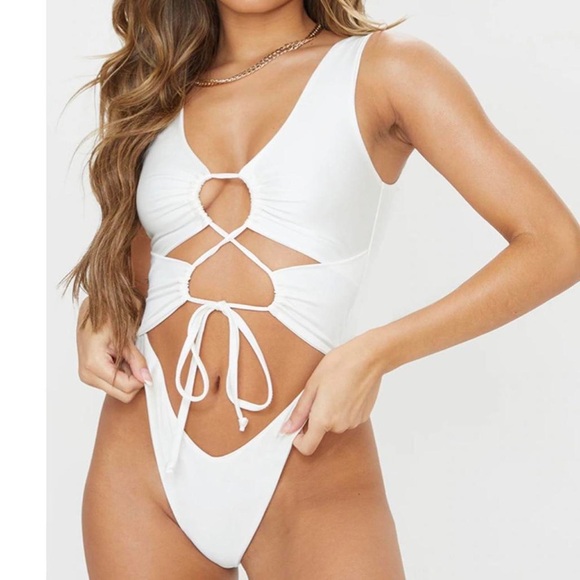 PRETTY LITTLE THING White Cut Out Adjustable String Swimsuit - Picture 1 of 5